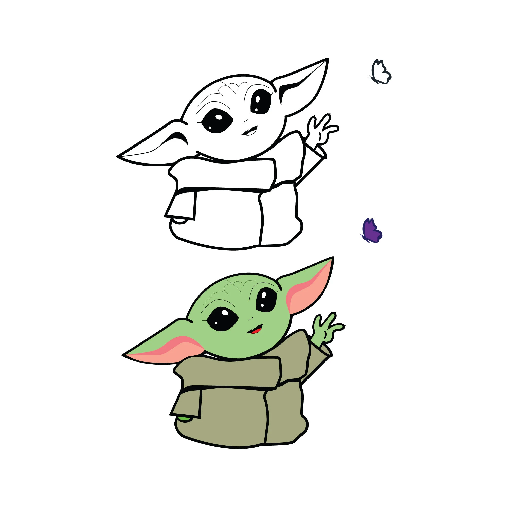 Super cute baby Yoda catching butterfly svg png AI EPS editable vector digital file download V2.1 Cricut Clipart. Disney Star Wars.
