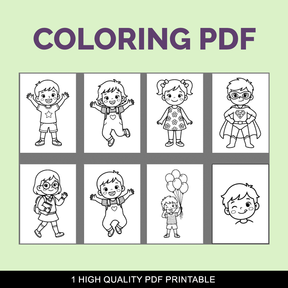 8 Coloring characters pages smooth black outline A4 printable digital file download. 1 high quality PDF with white background.