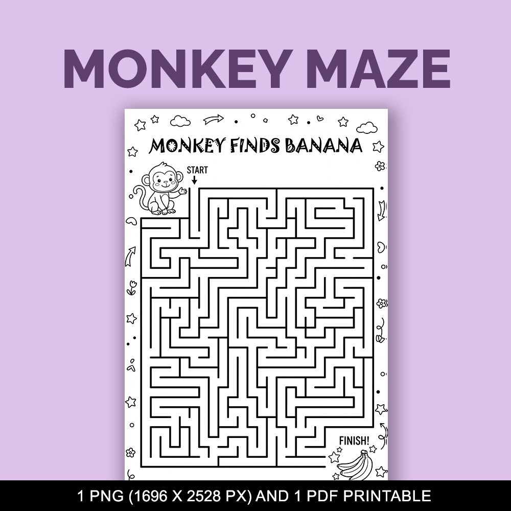 Monkey Maze A4 printable digital file download. 1 high quality png and 1 pdf.