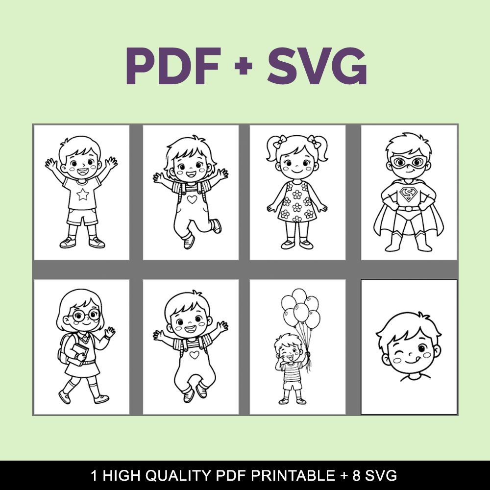 8 Coloring characters pages smooth black outline A4 printable digital file download. 8 SVG and 1 high quality PDF white background.