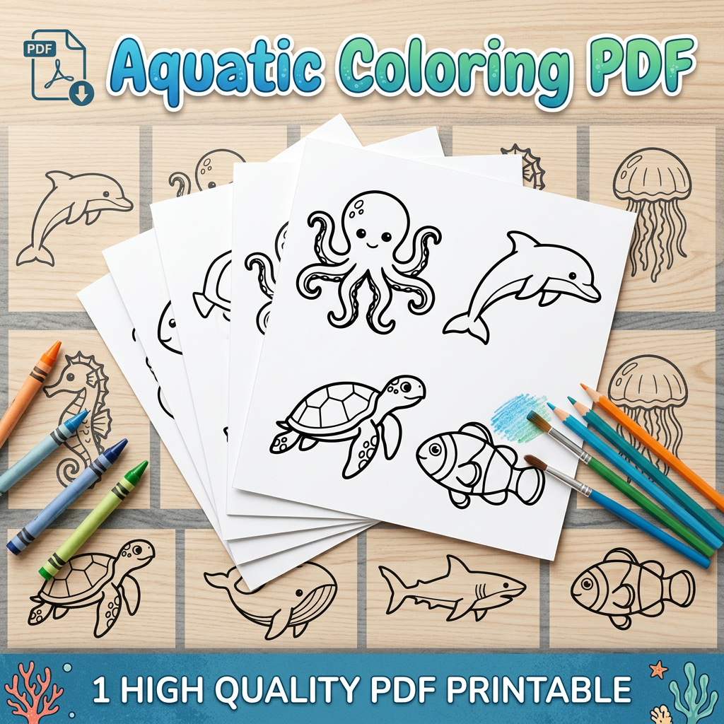 8 Coloring aquatic animals pages smooth black outline A4 printable digital file download. 1 high quality PDF white background.