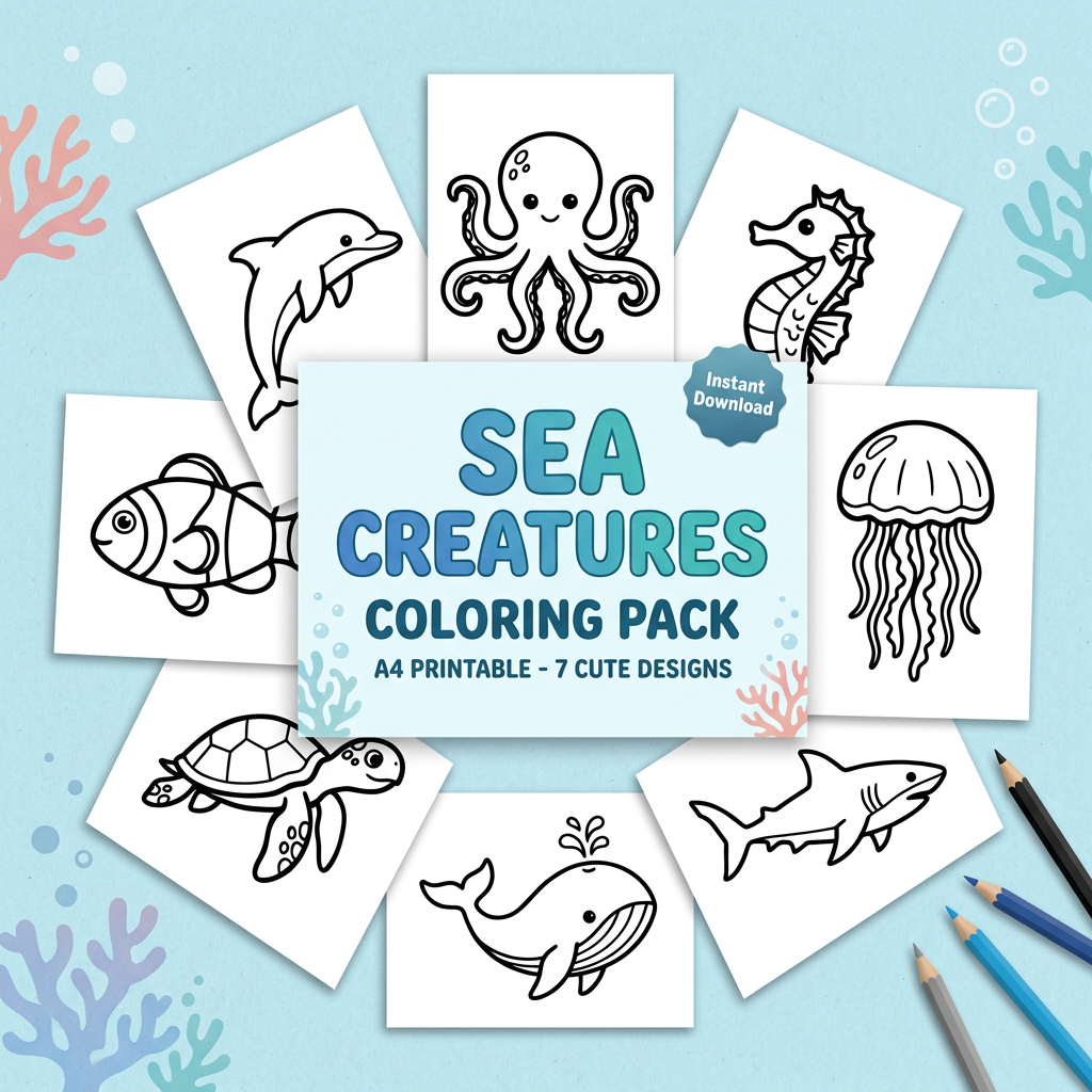 8 Coloring aquatic animals pages smooth black outline A4 printable digital file download. 1 high quality PDF white background. - Image 2
